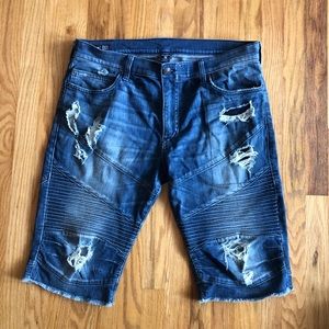 True Religion GENO Distressed Moto Jean Shorts